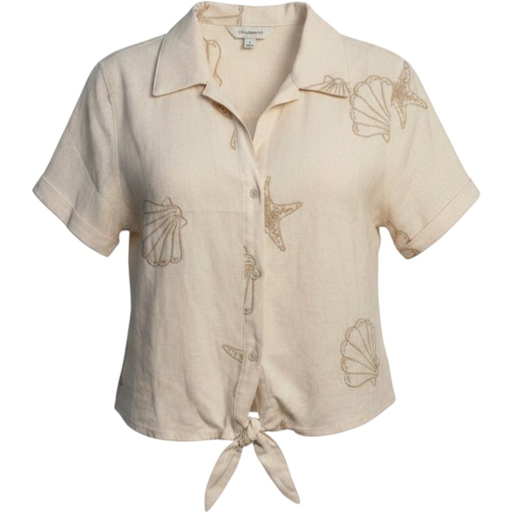 Women's Cream Short-Sleeve‎ Tie-Front Linen Shirt